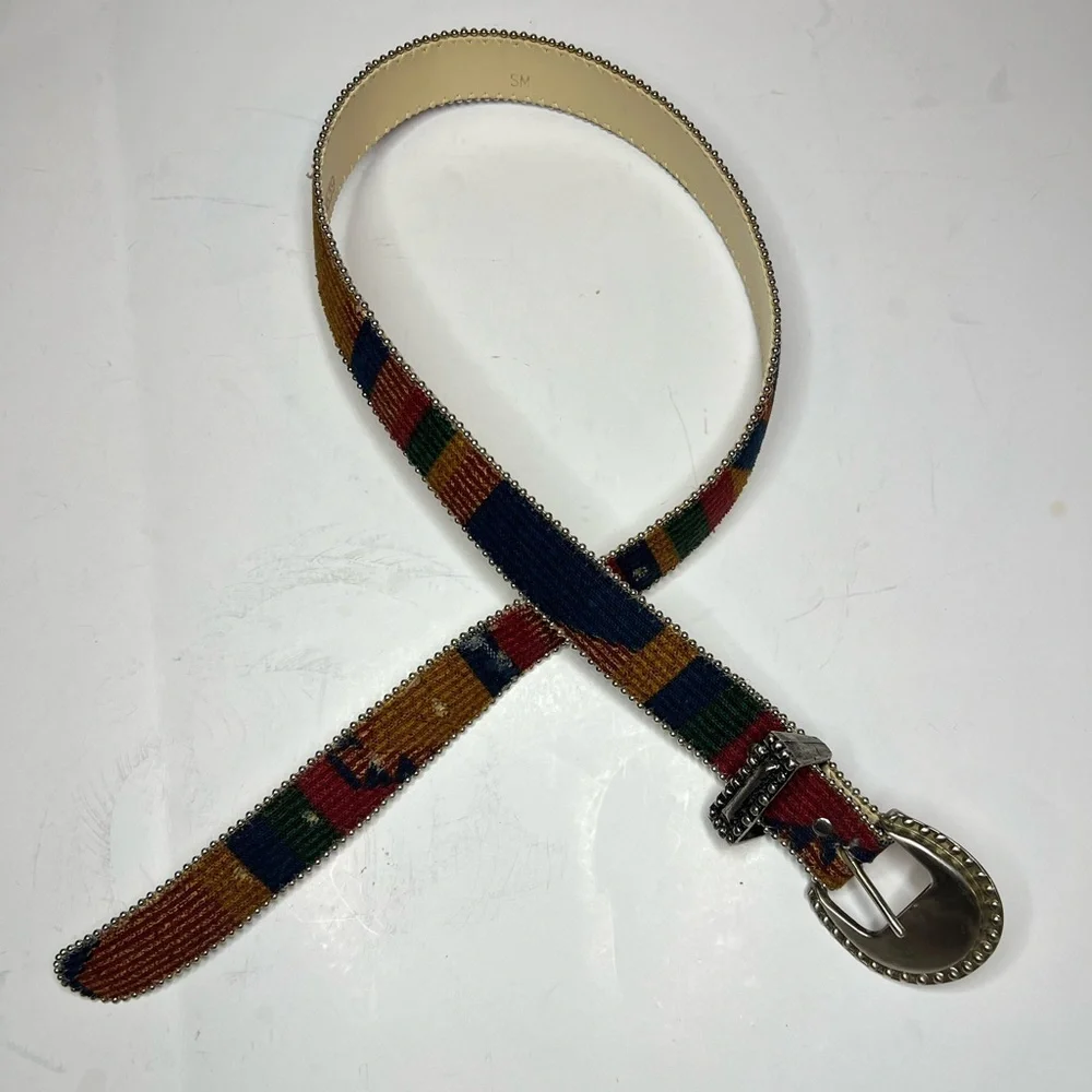 vintage Guatemalan handmade woven textile belt with a studded buckle